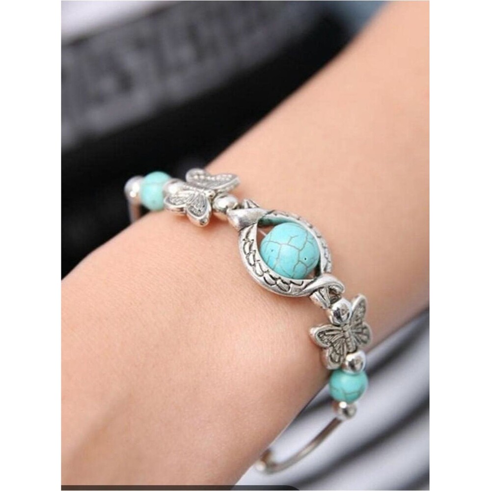 #2038**FRSH 2022 Natural Turquoise Bead Butterfly Bracelet - Women Jewelry